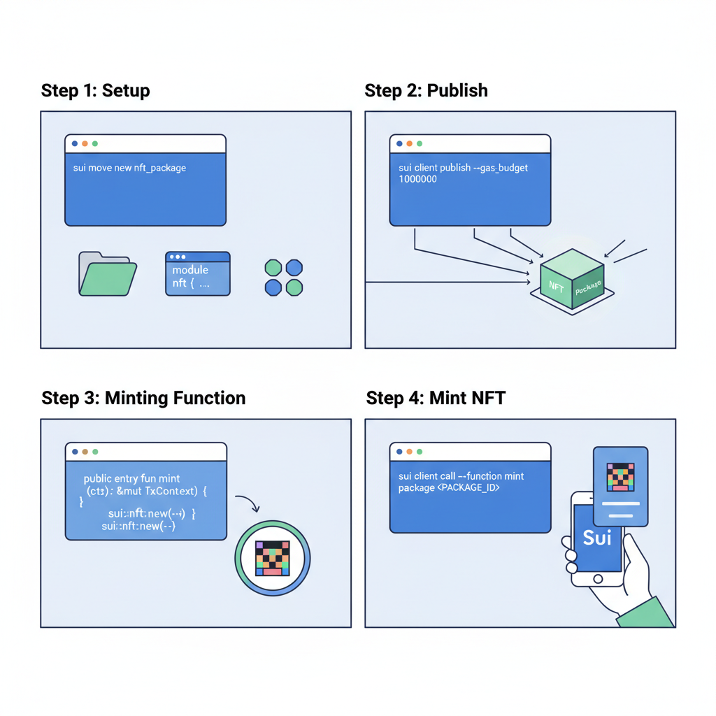 terminal publishing minimal Move NFT package and minting on Sui testnet
