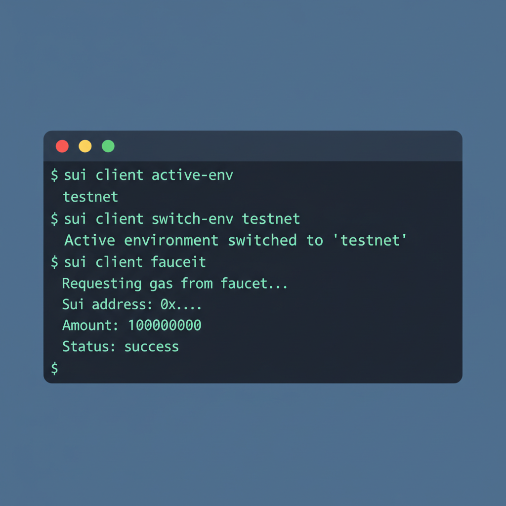 dark terminal running Sui CLI testnet setup and faucet commands