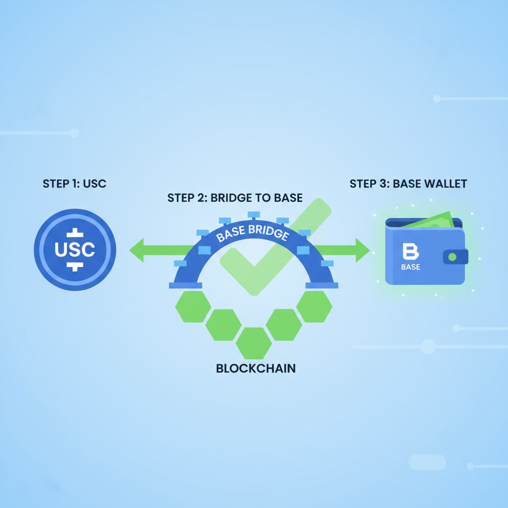 USDC tokens flowing into Base wallet via bridge, blockchain visualization, green secure transfer