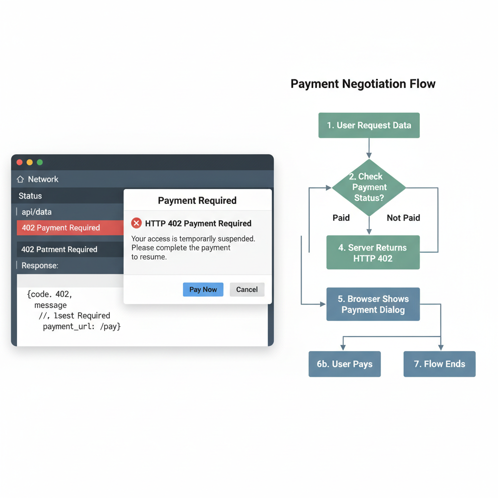 HTTP 402 response dialog in browser dev tools, payment negotiation flow diagram