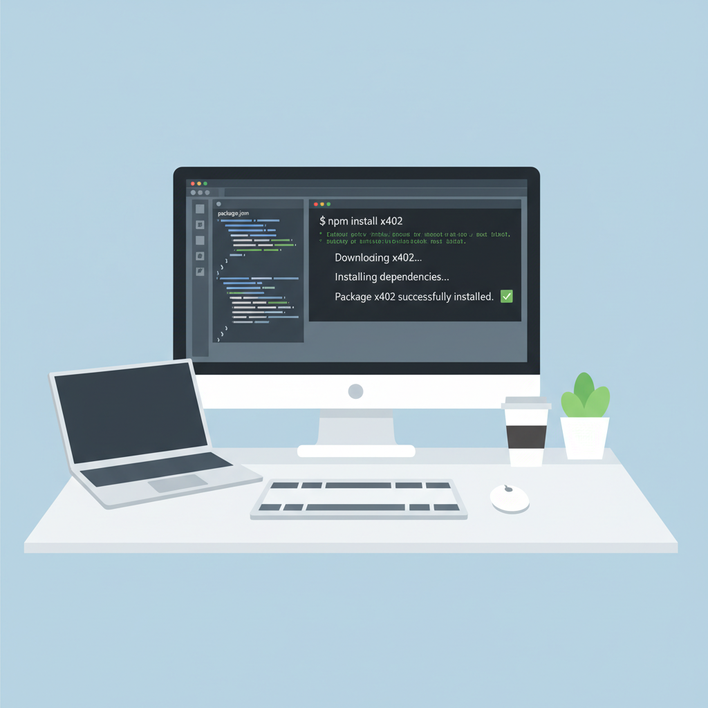 code editor installing x402 npm package, terminal output, developer desk setup