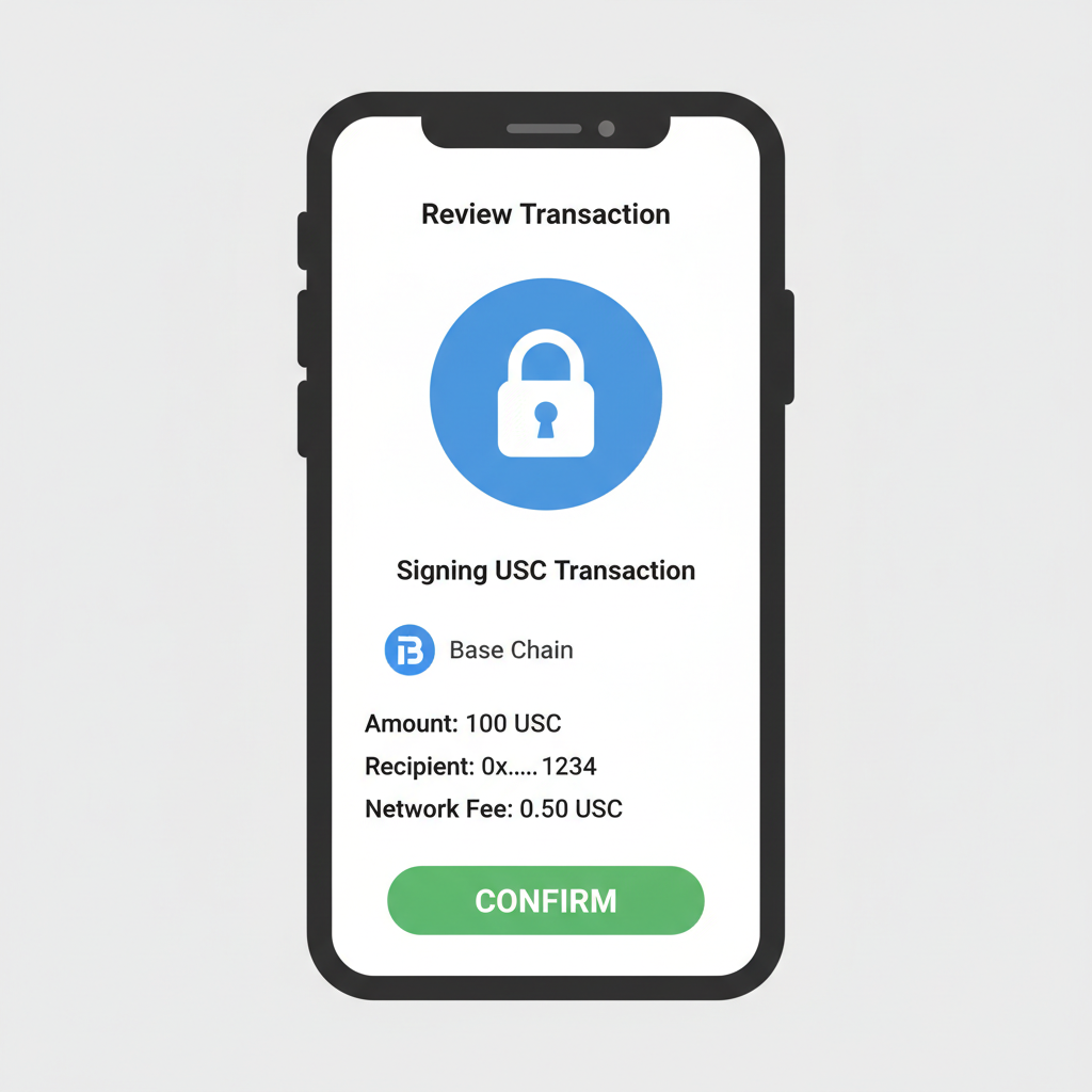 signing USDC transaction in wallet app, secure key icon, Base chain logo