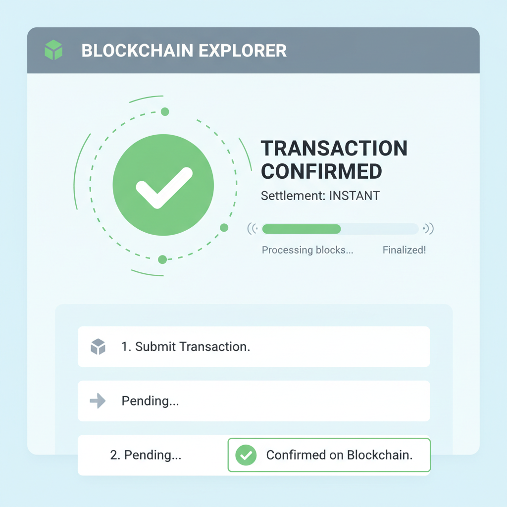 transaction confirmation on blockchain explorer, green checkmark, fast settlement animation