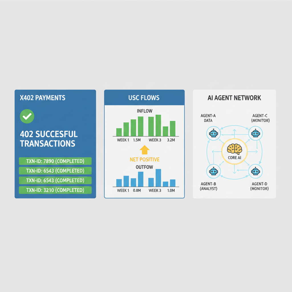 dashboard showing successful x402 payments, charts of USDC flows, AI agent network