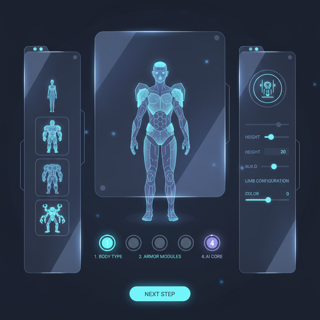 futuristic AI agent character customization interface glowing