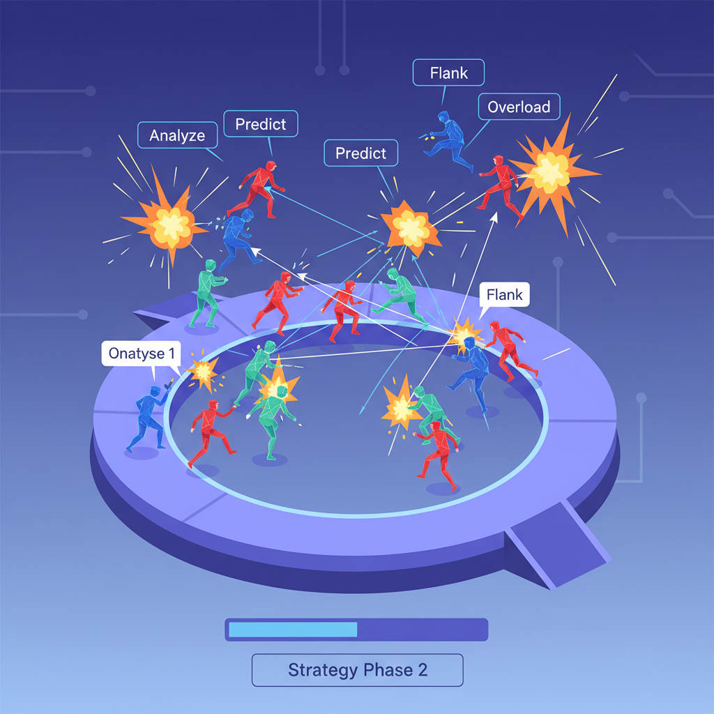 intense 3D arena battle with AI agents clashing strategies exploding