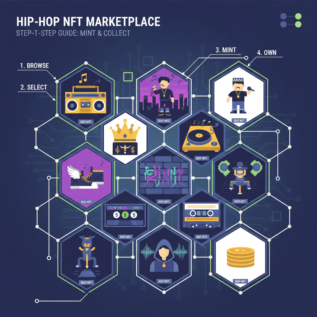 grid of hip-hop album covers tokenized as NFTs on blockchain marketplace