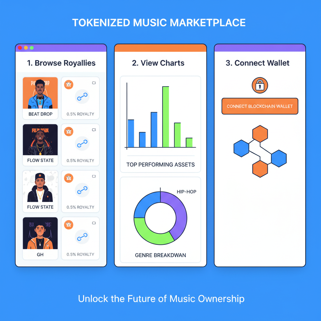 browsing tokenized music royalty listings on web app, hip-hop album covers and charts, blockchain elements, vibrant marketplace interface