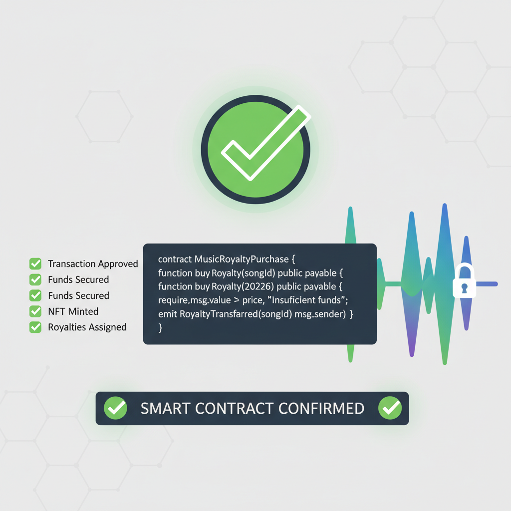 confirming blockchain smart contract for music royalty purchase, secure green checkmarks, code snippets and hip-hop waveform visuals