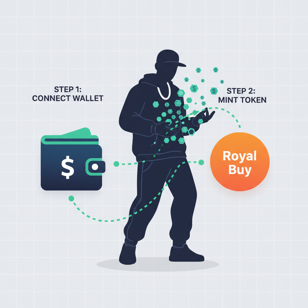 wallet connecting to Royal buy button, hip-hop artist silhouette with token minting glow