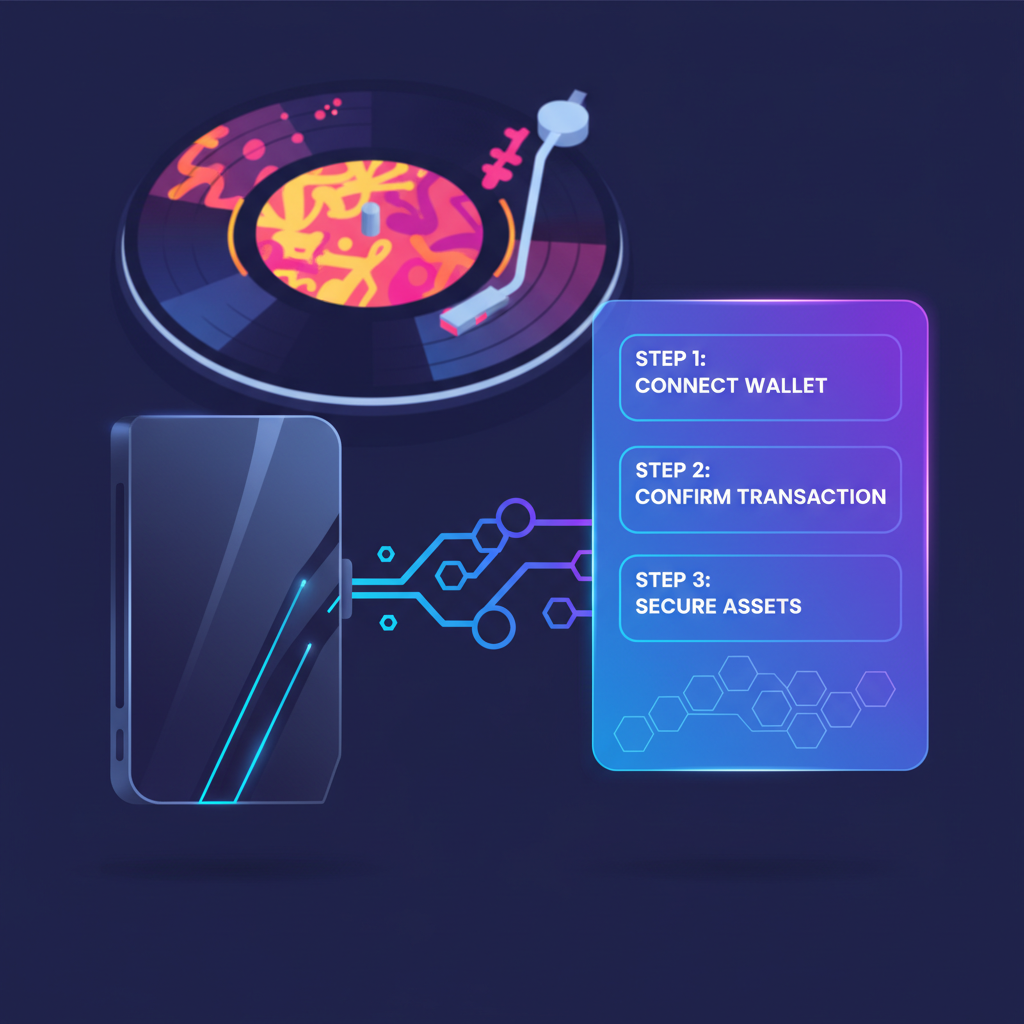 sleek crypto wallet connecting to blockchain platform interface, futuristic neon blues and purples, hip-hop vinyl record in background, clean UI design