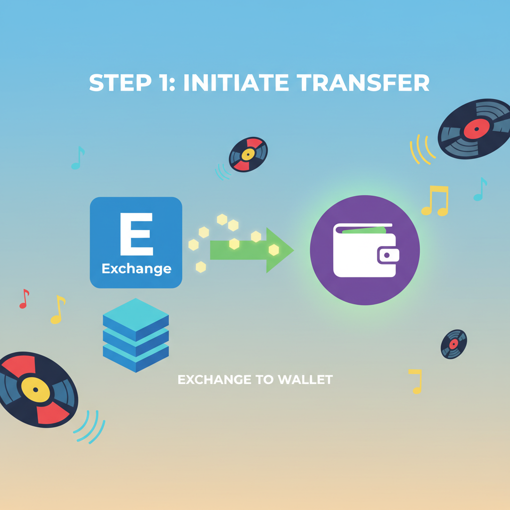 crypto transfer animation from exchange to wallet, hip-hop vinyl records floating