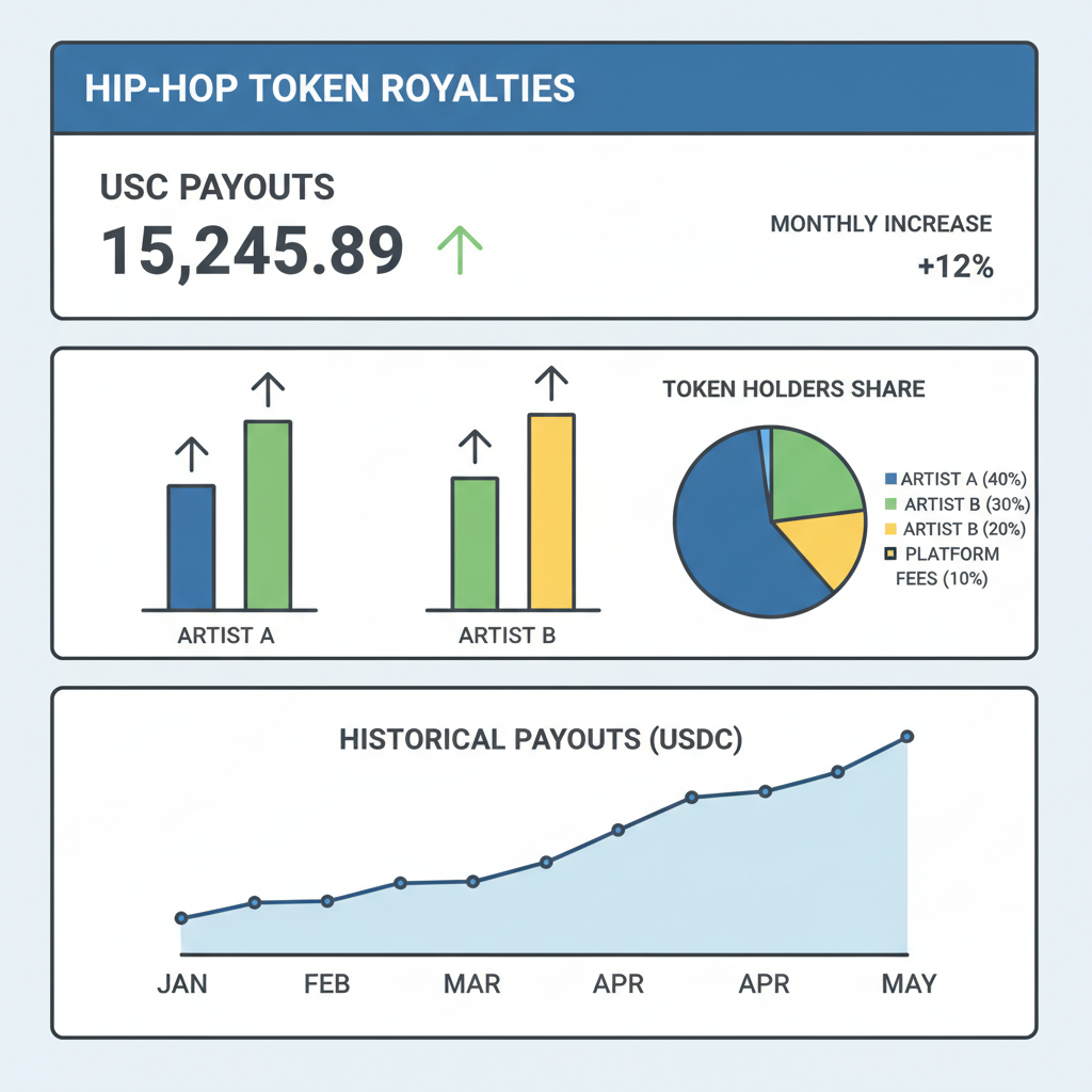 dashboard showing USDC royalty payouts from hip-hop tokens, charts rising