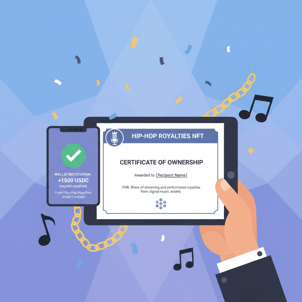 receiving NFT certificate for hip-hop royalties, wallet notification with USDC payout, celebratory confetti, music notes and chain links