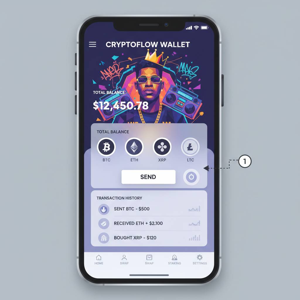 sleek crypto wallet app interface on smartphone with hip-hop album art background