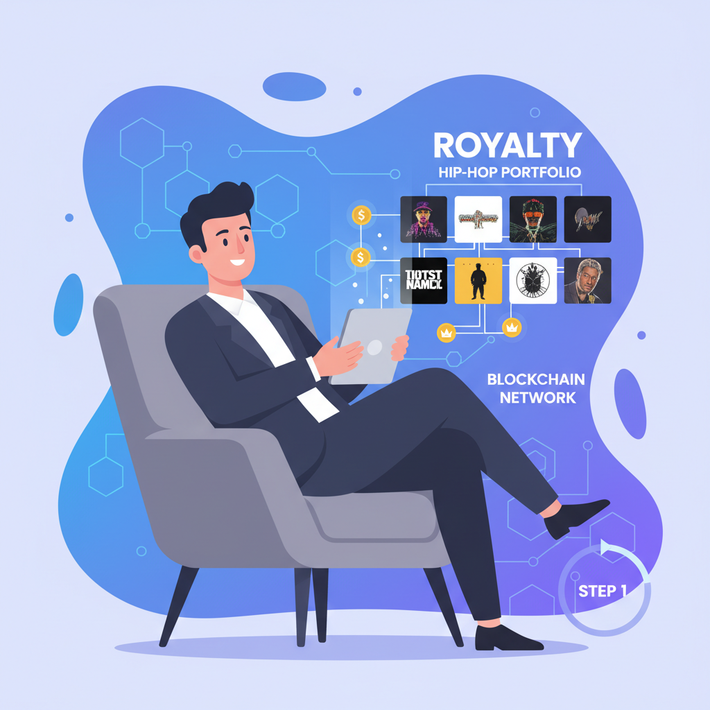 investor reviewing hip-hop royalty portfolio on tablet, blockchain network in background