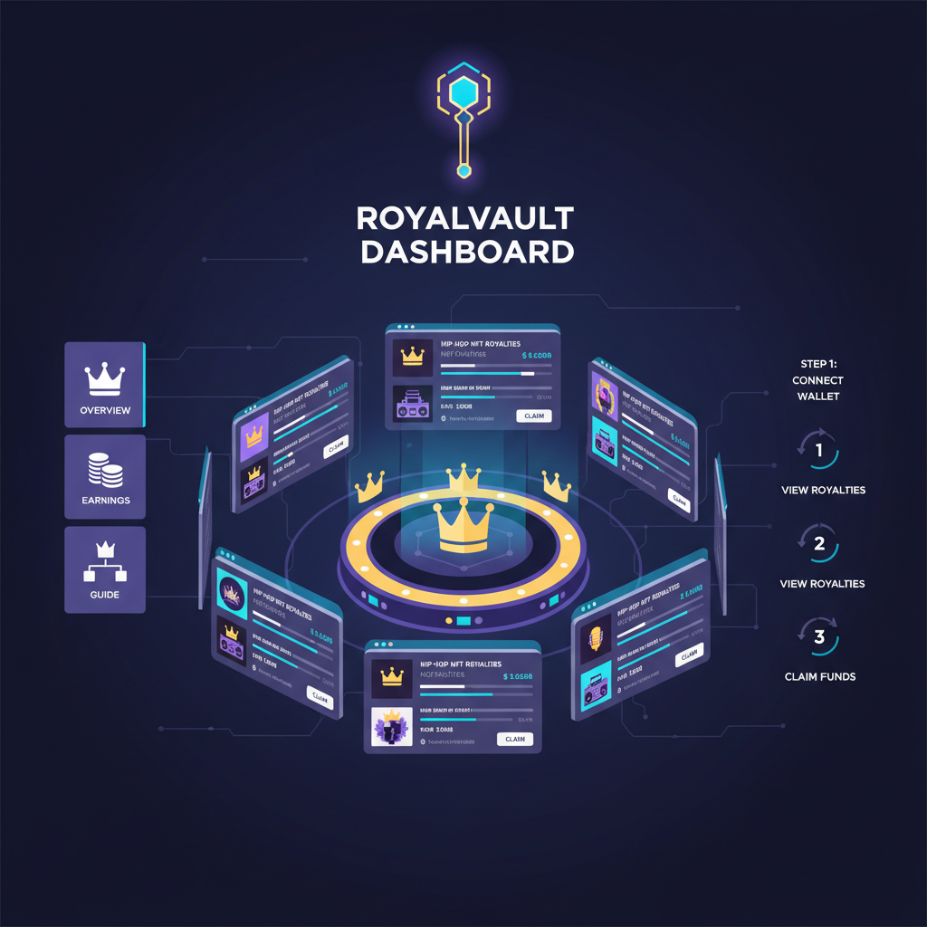 Royal platform dashboard with hip-hop NFT royalties listings, modern UI dark mode