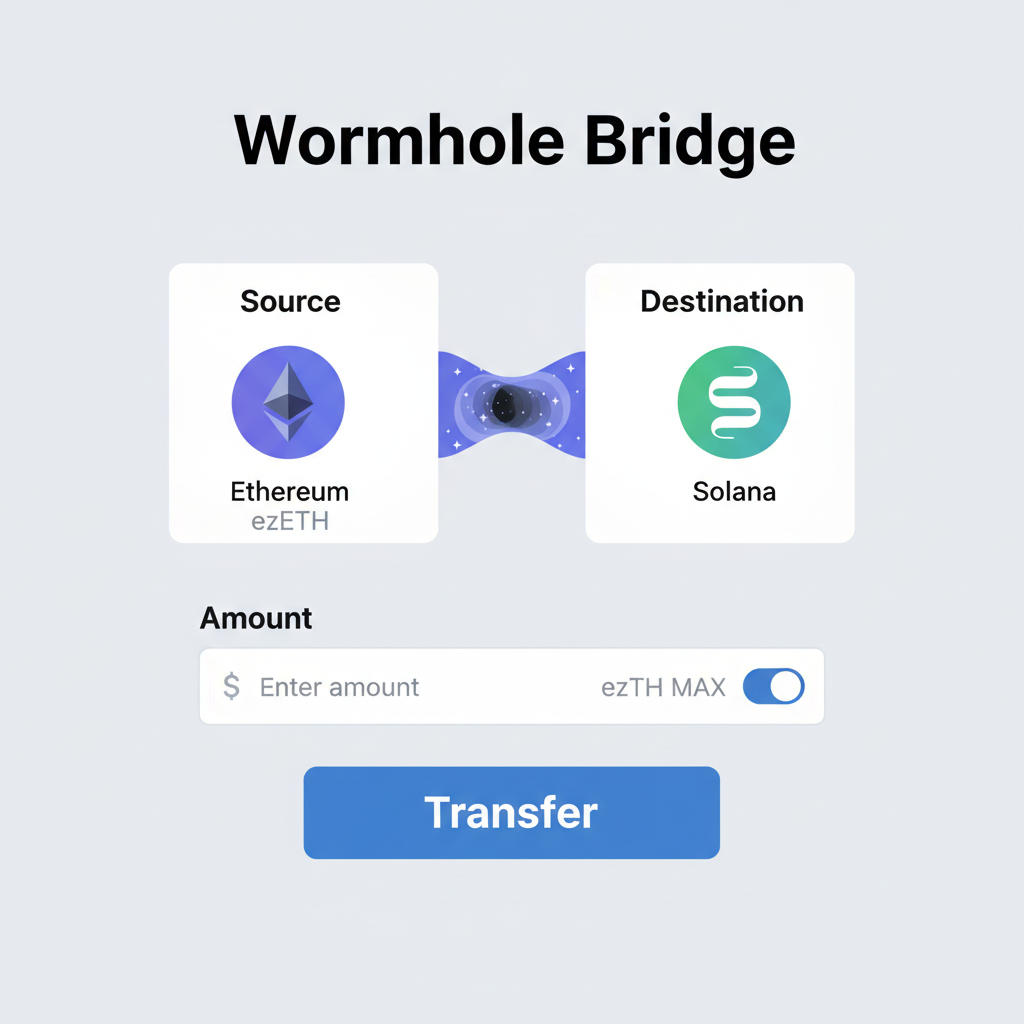 Wormhole bridge form filled: Ethereum source ezETH, Solana dest, amount input field