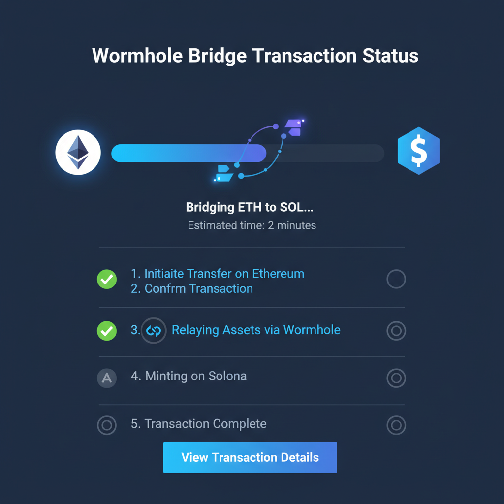 Wormhole transaction status page, progress bar animating Ethereum to Solana bridge