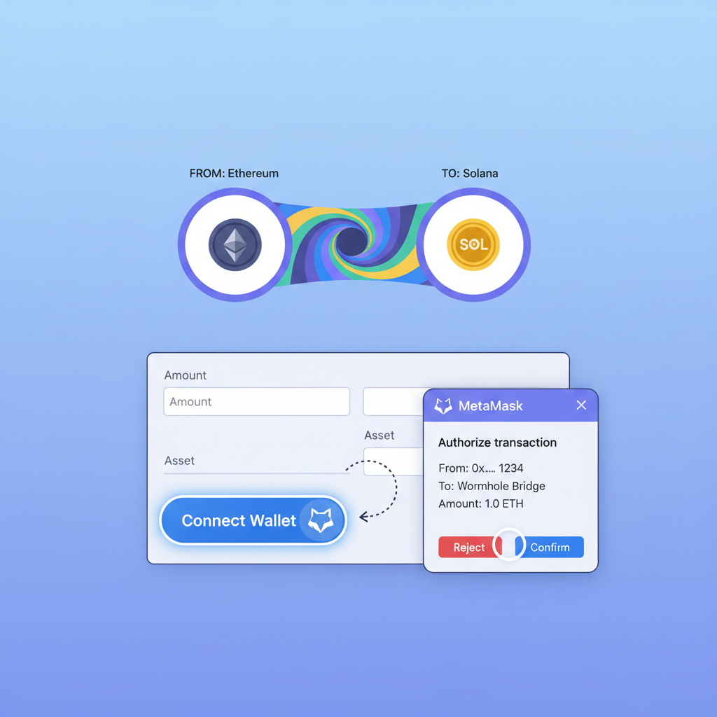 Wormhole bridge UI with MetaMask connect button clicked, wallet popup authorizing