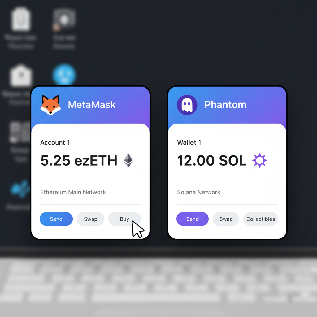 clean screenshot of MetaMask and Phantom wallets open showing ezETH and SOL balances, ethereum and solana logos