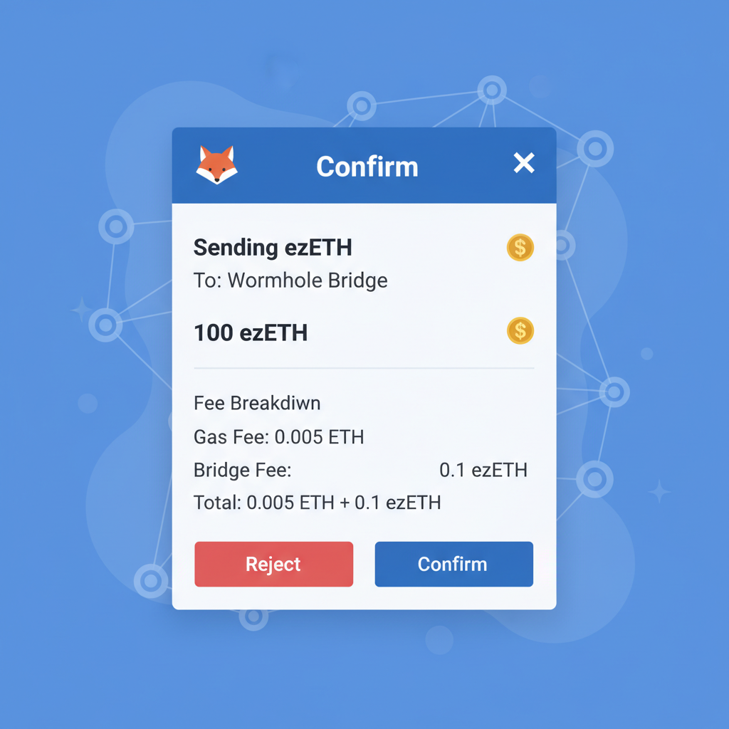 MetaMask approval popup for ezETH transfer on Wormhole, fee breakdown visible