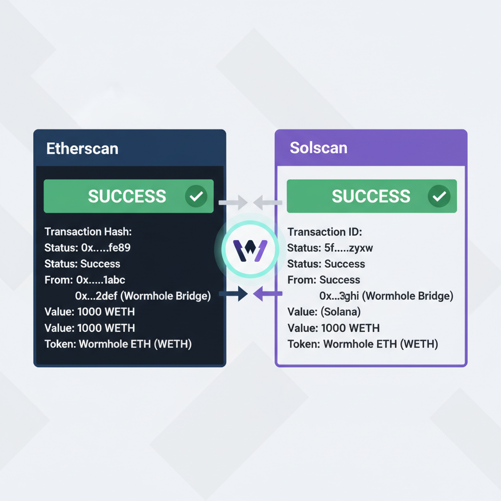 split screen Etherscan and Solscan explorers showing successful Wormhole bridge tx