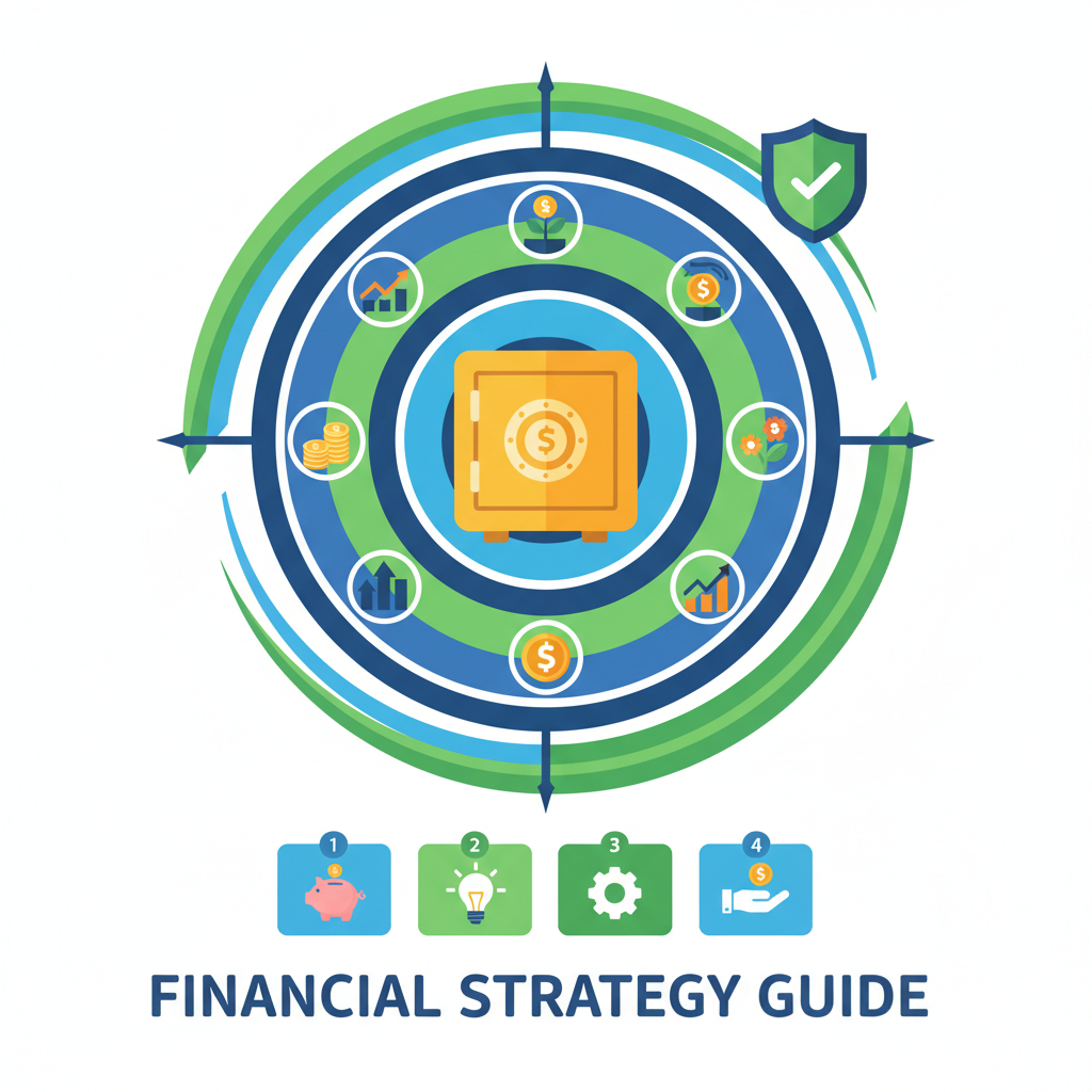 Bullseye target with yield icons and safe lock, vibrant financial strategy illustration
