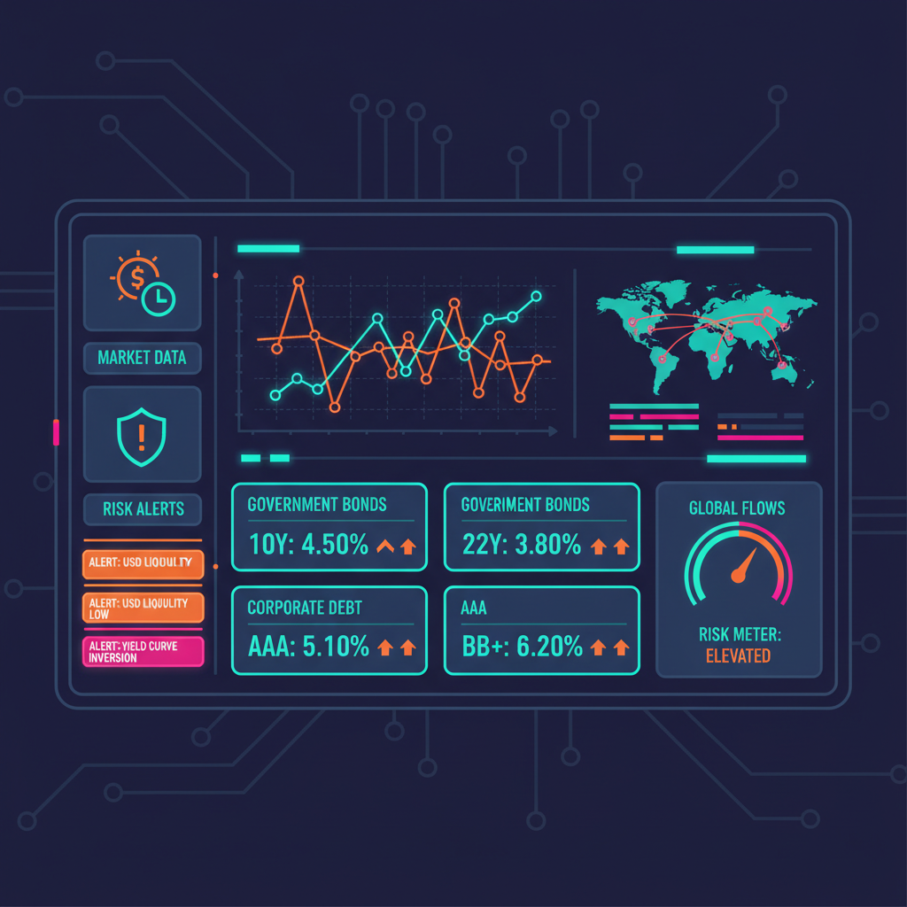 Live treasury monitoring dashboard with real-time yields and alerts, cyberpunk analytics screen