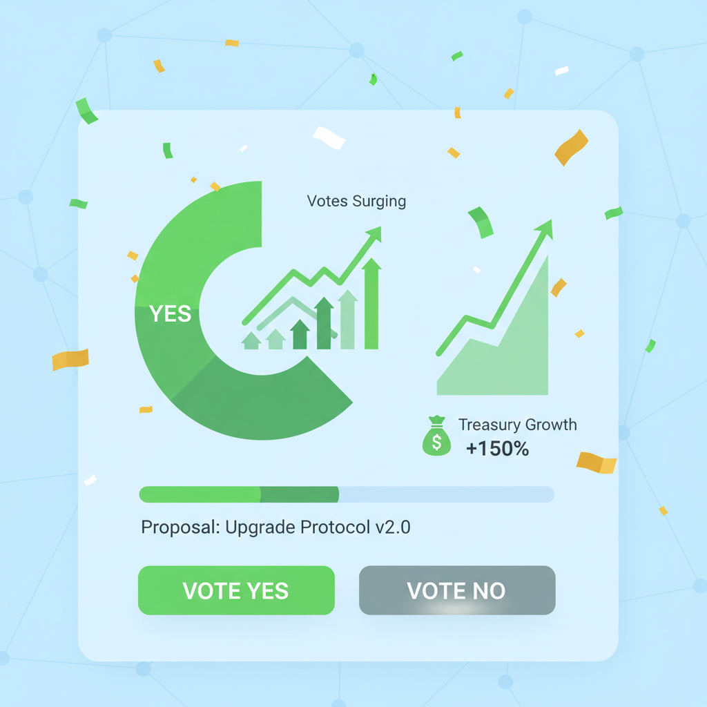 DAO voting interface with green yes votes surging, confetti and treasury growth charts