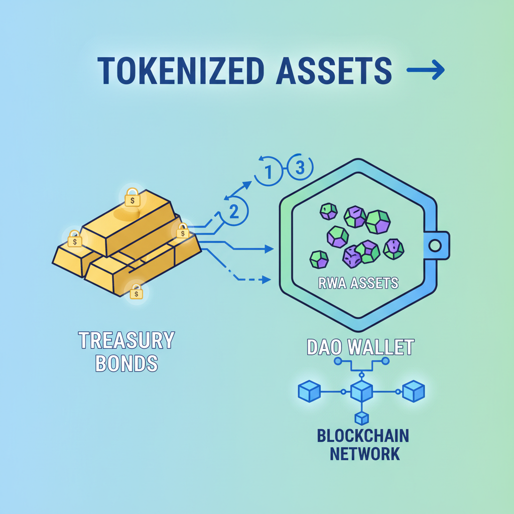 Tokenized treasury bonds flowing into DAO wallet, glowing RWA assets in blockchain network