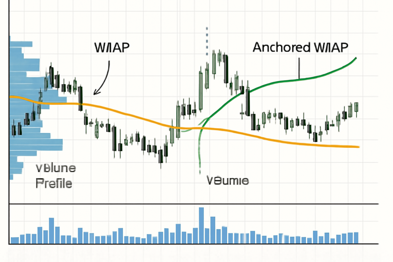 crypto chart overlaying VWAP, volume profile histogram, and anchored VWAP from a specific event, analytical and educational