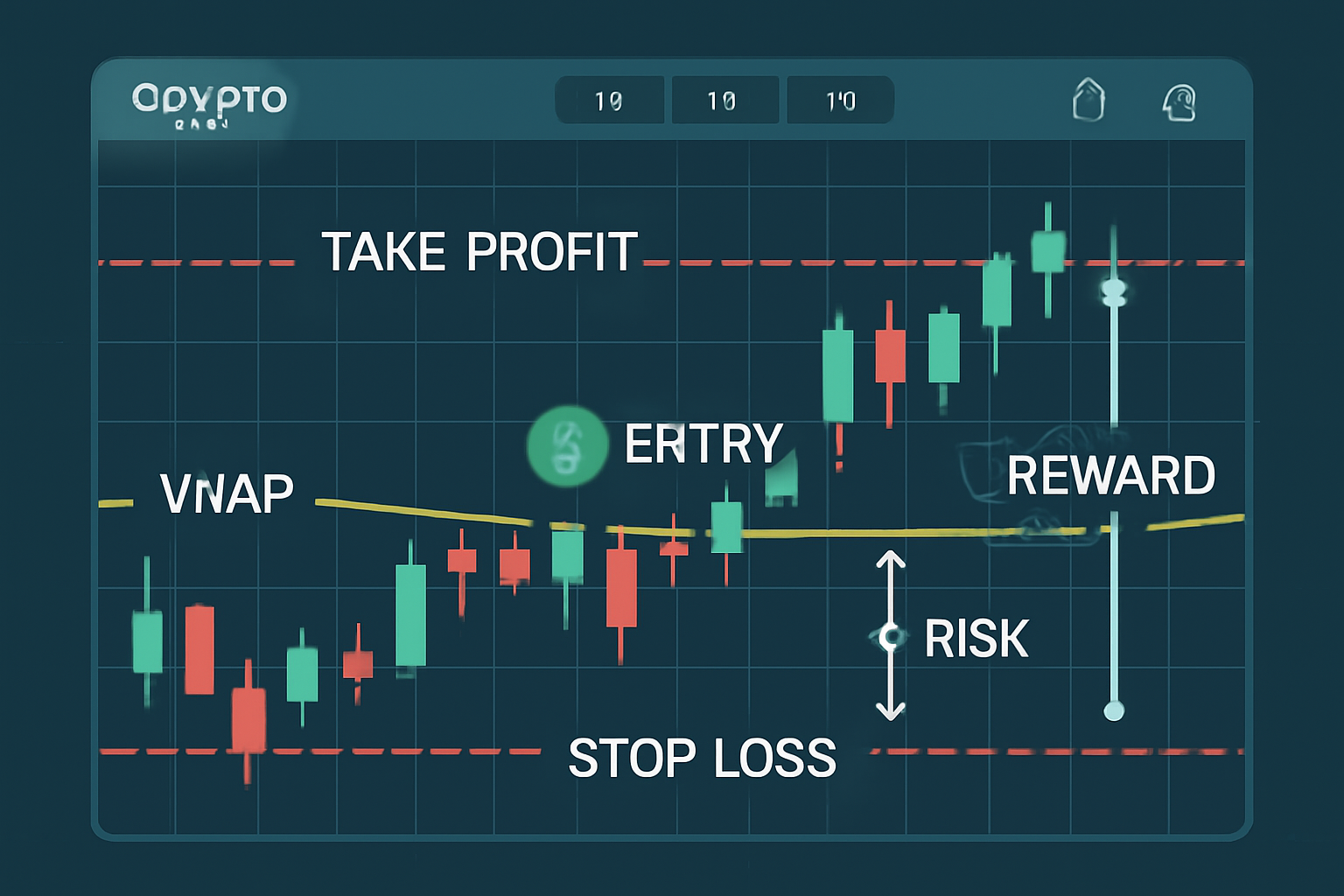 crypto trading interface showing entry at VWAP, stop-loss below recent swing low, take-profit at resistance, clear risk management annotations