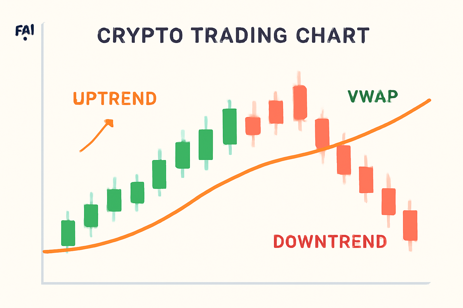 crypto trading chart showing VWAP line with price candles above it for uptrend and below for downtrend, clear labels, analytical style