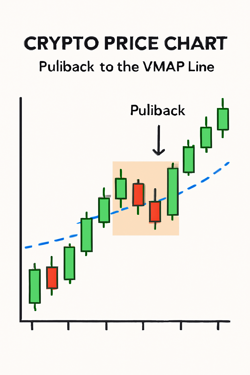 crypto price chart with price candles pulling back to touch the VWAP line, highlighted pullback area, precise and educational