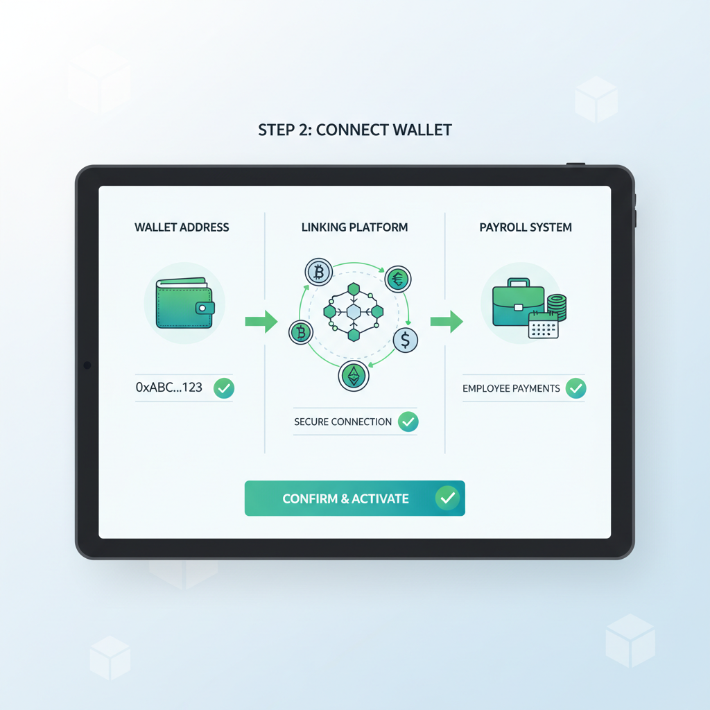 dashboard linking wallet address to payroll platform, green checkmarks, crypto icons connecting, clean tech illustration