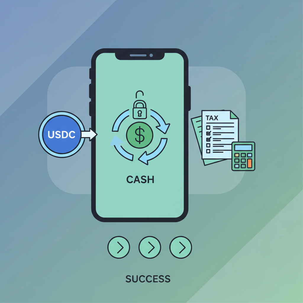 wallet converting USDC to cash icons, tax forms nearby, secure exchange flow, green success arrows, modern finance art