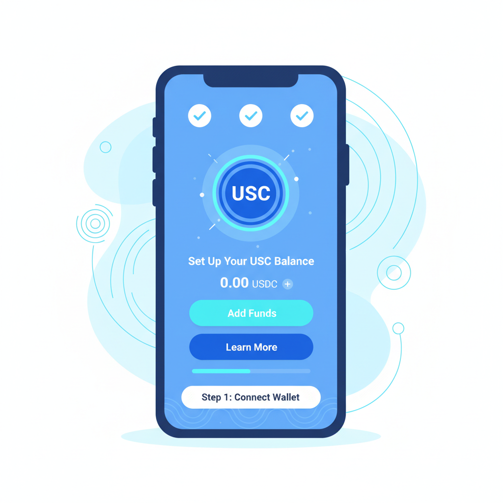 sleek mobile wallet app interface showing USDC balance setup, modern UI, blue tones, energetic vibe
