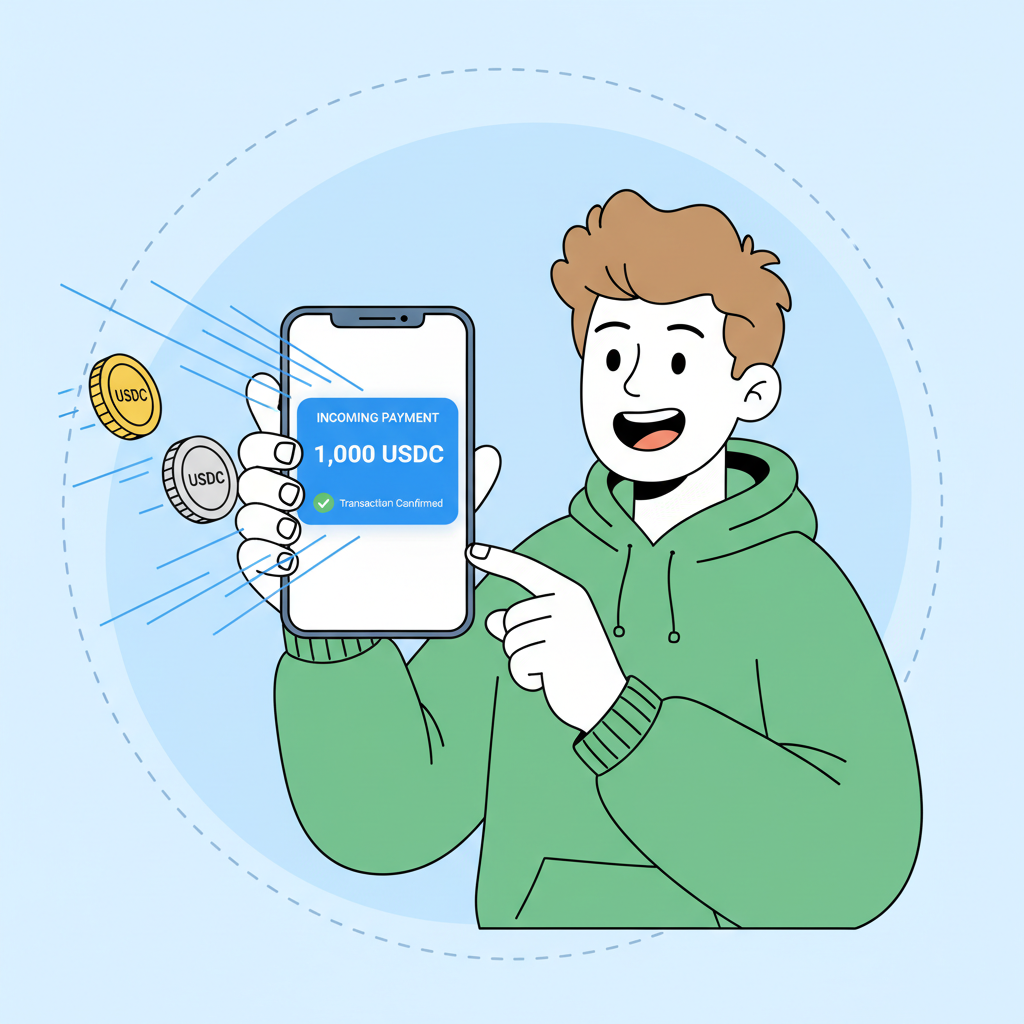 notification pop-up of incoming USDC payment on phone, coins flying in, excited freelancer, dynamic speed lines