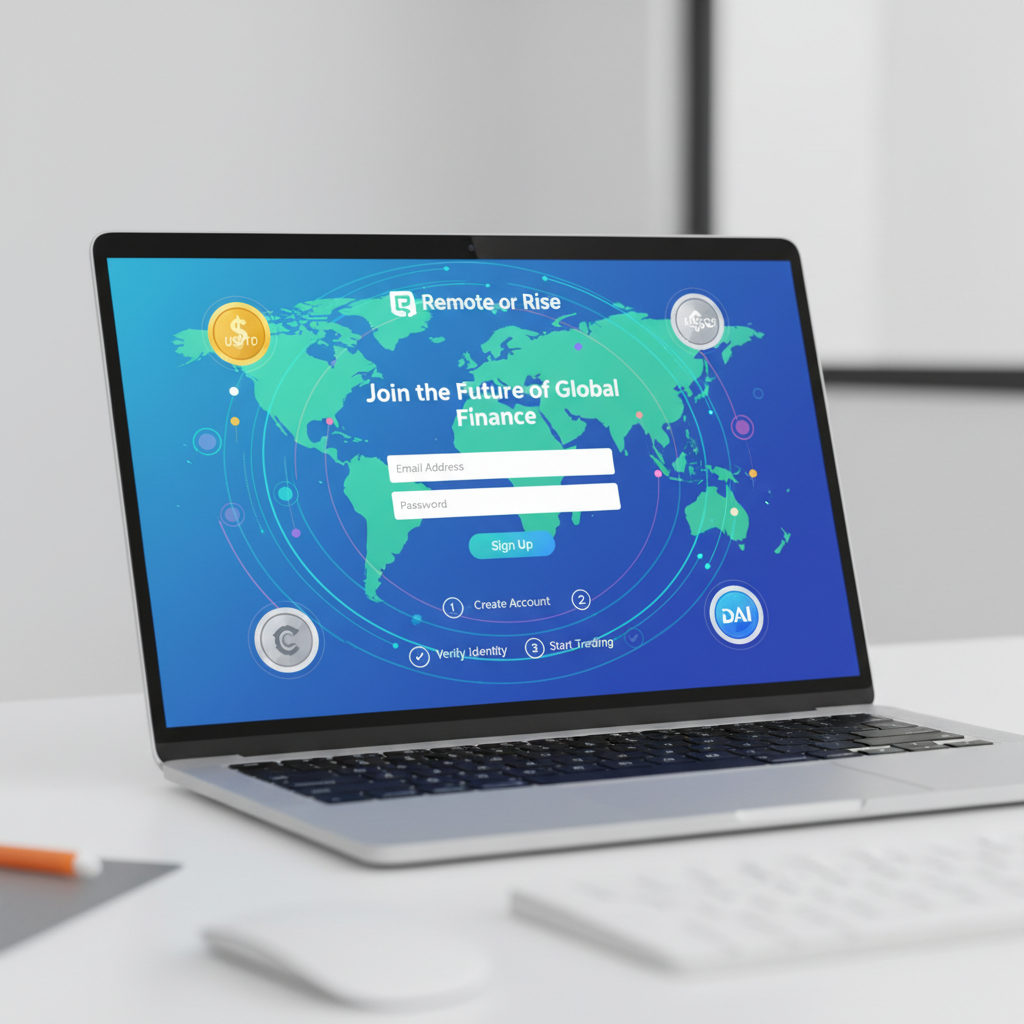 laptop screen with Remote or Rise signup form, global map background, stablecoin icons, vibrant professional style