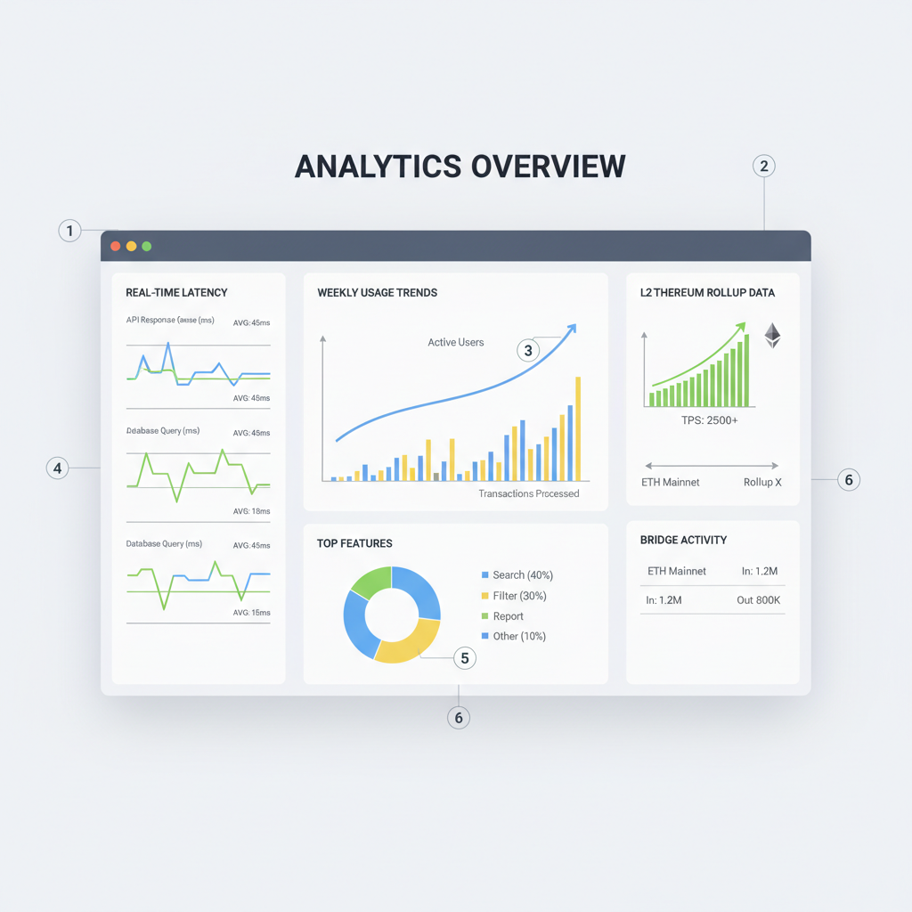 detailed analytics dashboard with latency charts, weekly trends, Ethereum rollup data