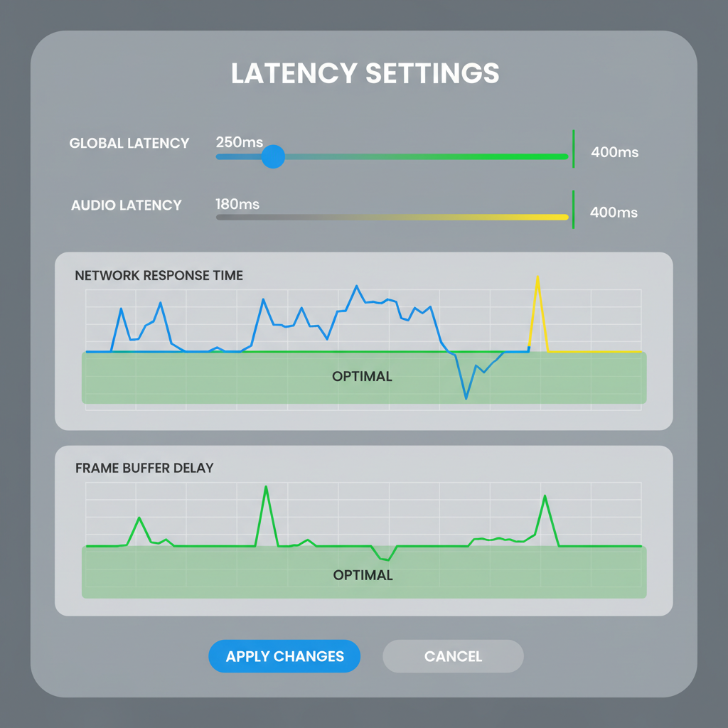 settings panel with latency sliders and graphs, green thresholds at 400ms, data visualization