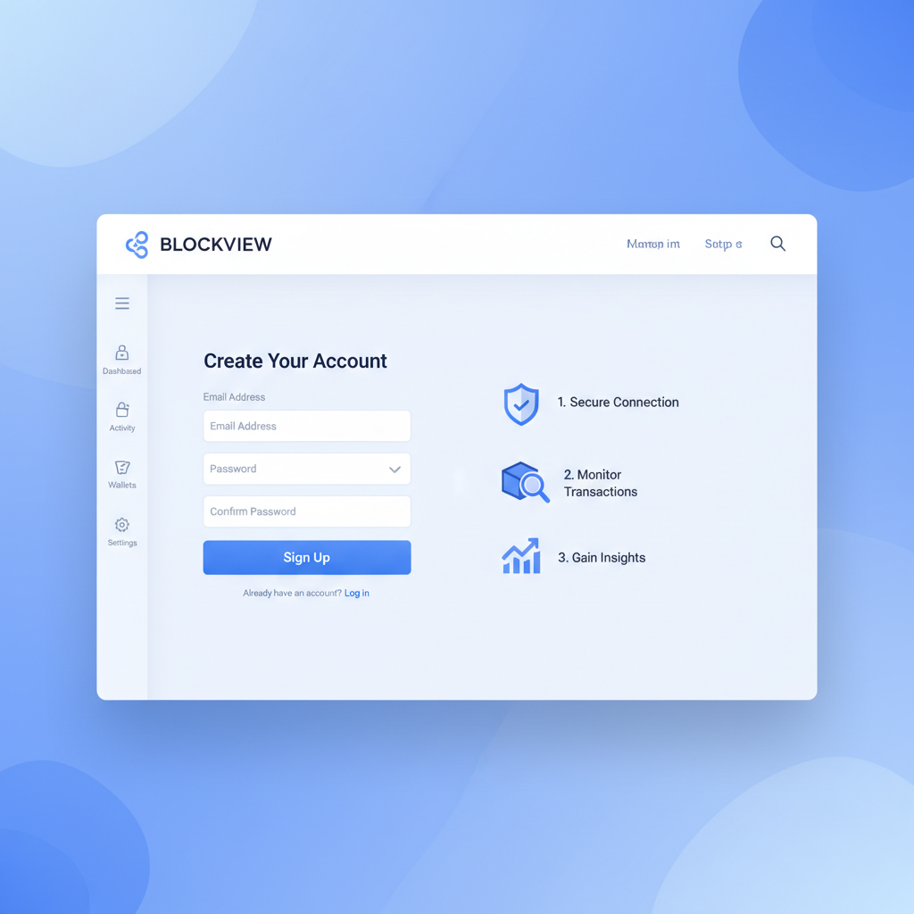 clean signup page on modern dashboard for blockchain monitoring tool, blue tones, professional UI
