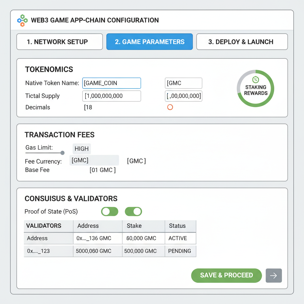 technical dashboard configuring blockchain params for Web3 game app-chain