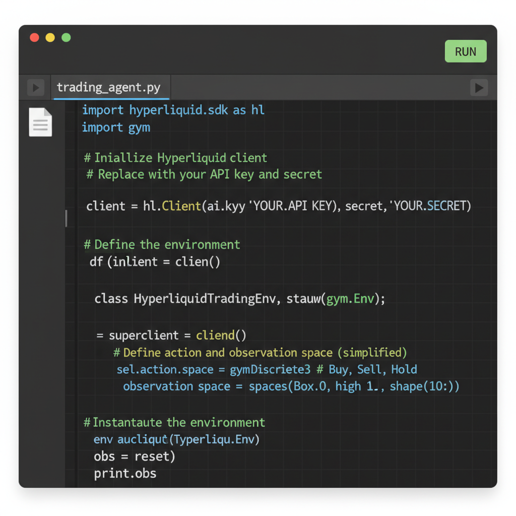 clean python code editor with hyperliquid sdk imports and gym env setup, dark theme, professional