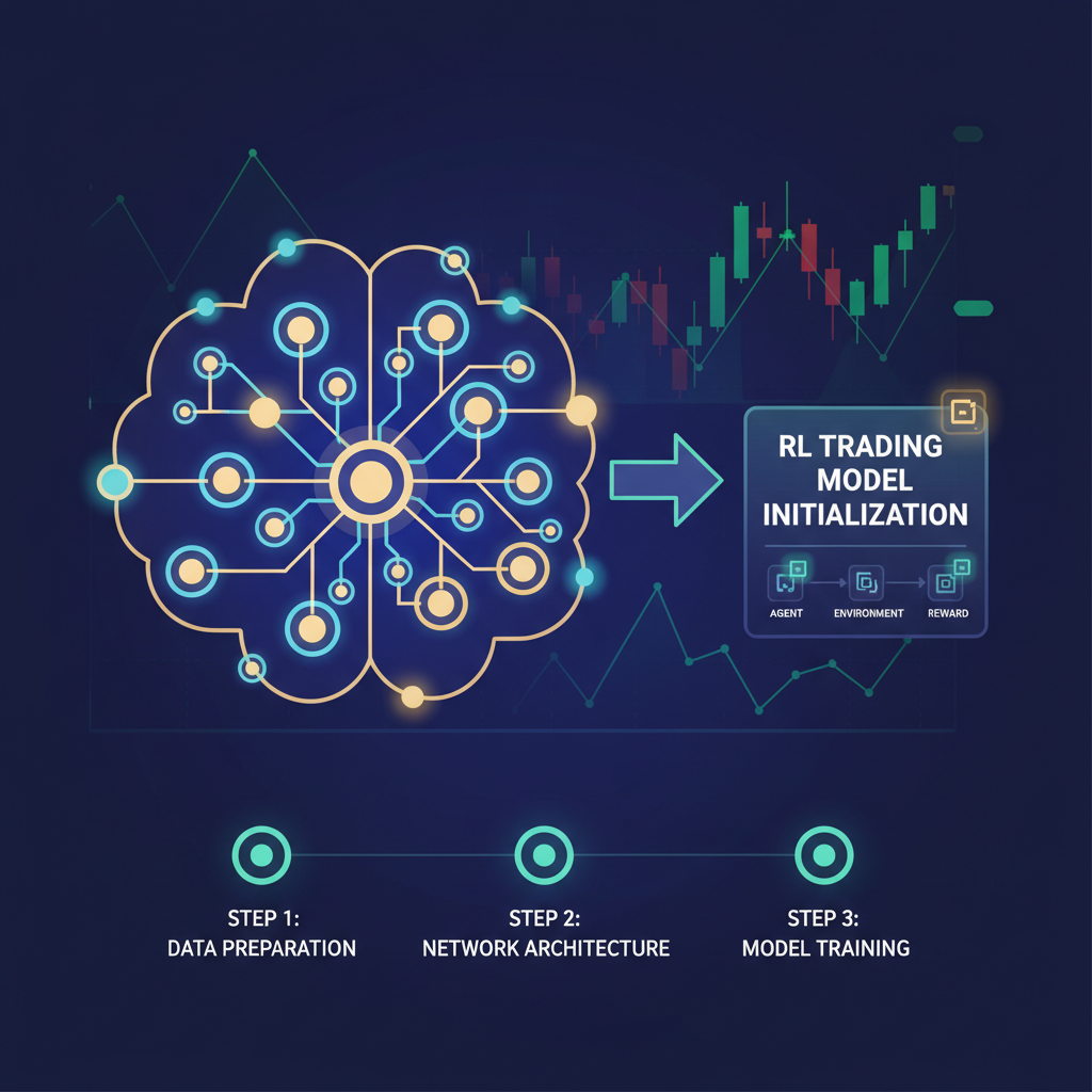 neural network diagram initializing RL model for trading, nodes glowing, crypto charts background