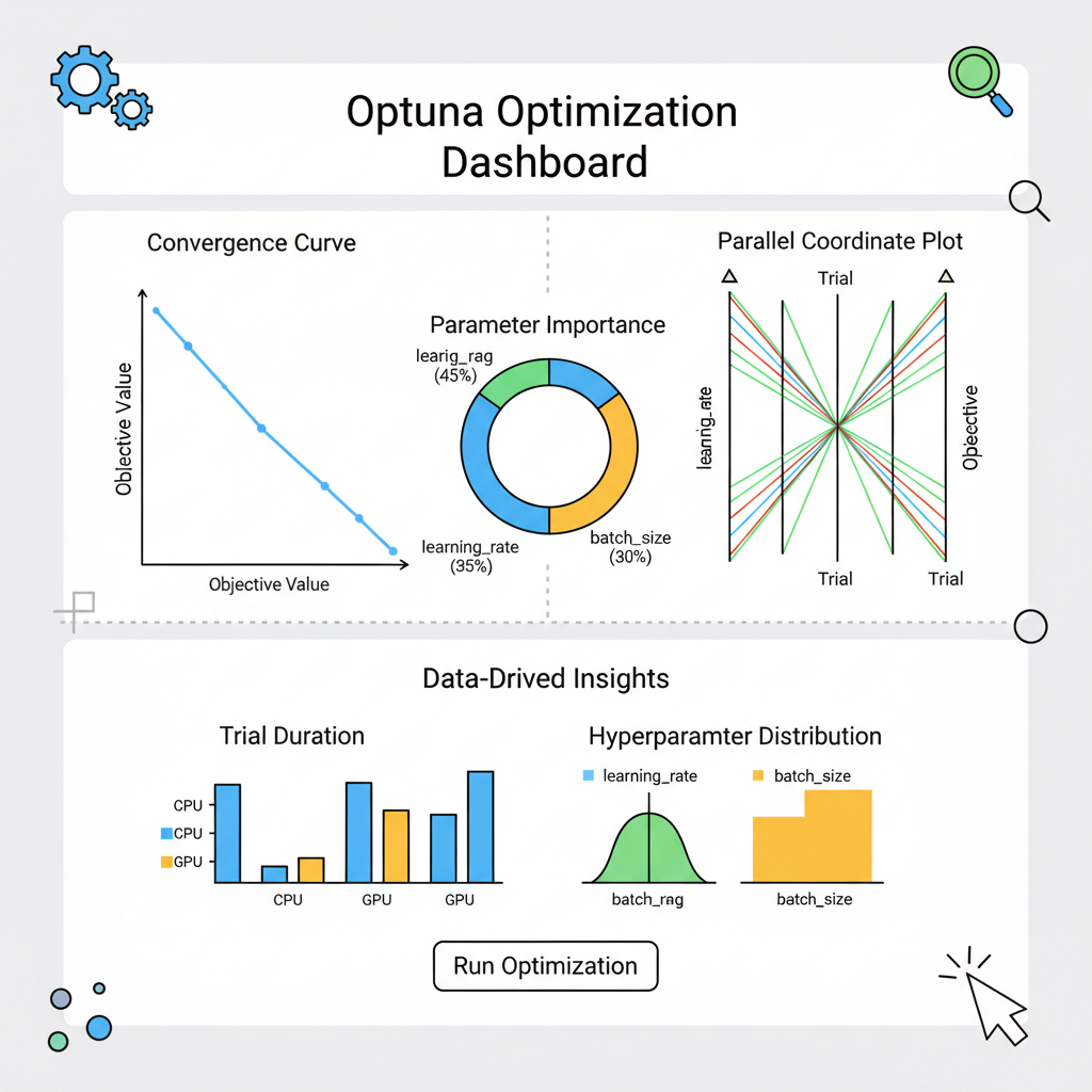 hyperparameter tuning dashboard with optuna plots, convergence curves, data-driven graphs