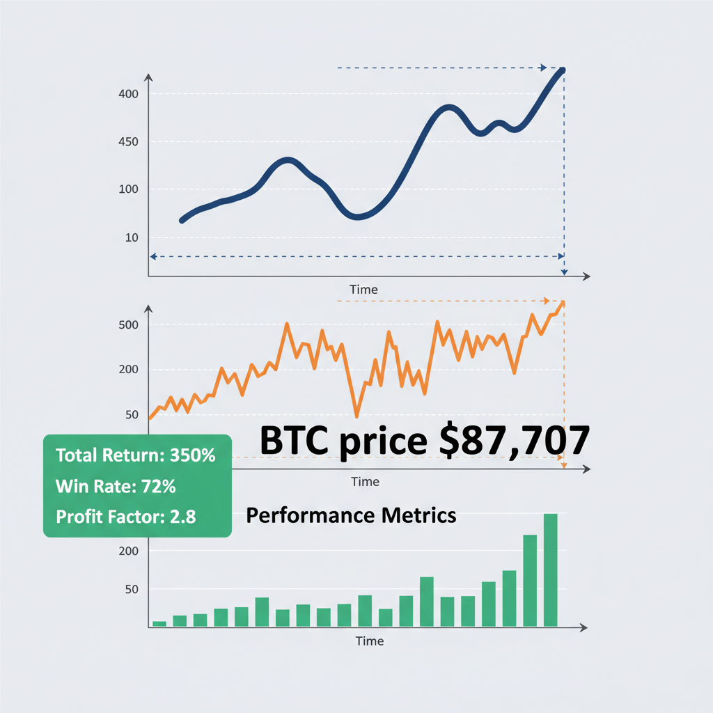 backtesting charts with equity curve, BTC price $87,707 overlay, green performance metrics