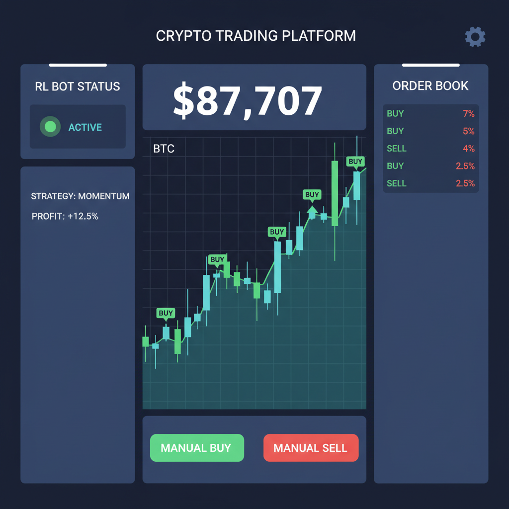 live trading dashboard with RL bot active, real-time BTC chart $87,707, green buy signals