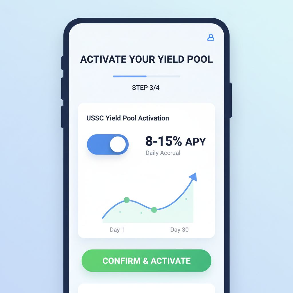 app dashboard activating 8-15% USDC yield pool, daily accrual graph rising, professional fintech design